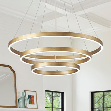LED 3-Ring Chandelier Gold Dimmable Modern Pendant Light with Remote Control Vintage Brass LED Circle Chandelier for