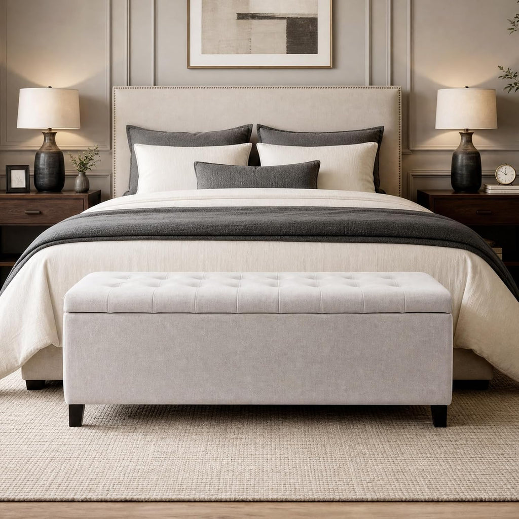 49" Upholstered Storage Bench, Button Tufted End of Bed Bench with Storage, Dual Spring Soft-Close Lid, Bedroom Bench