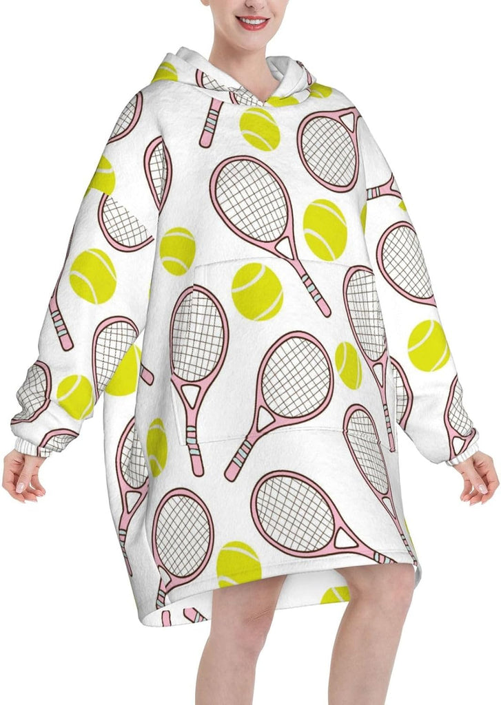 Sports Seamless Pattern With Tennis Ball And Racket Icons In Flat Design Style Adult Flannel Hooded Blanket