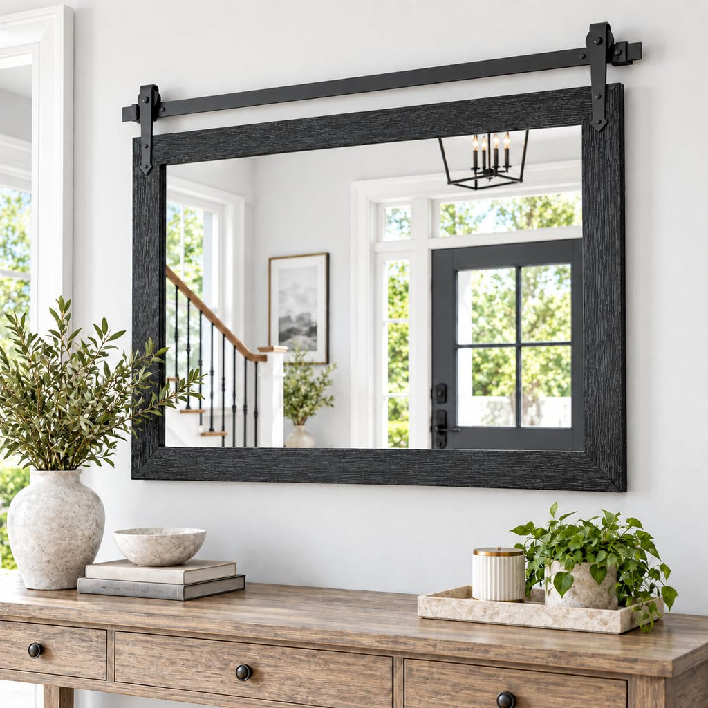 Farmhouse Mirror 42"x28" Black Rustic Mirror for Wall Vanity Mirrors Barn Door Style Decor Bathroom Living Room