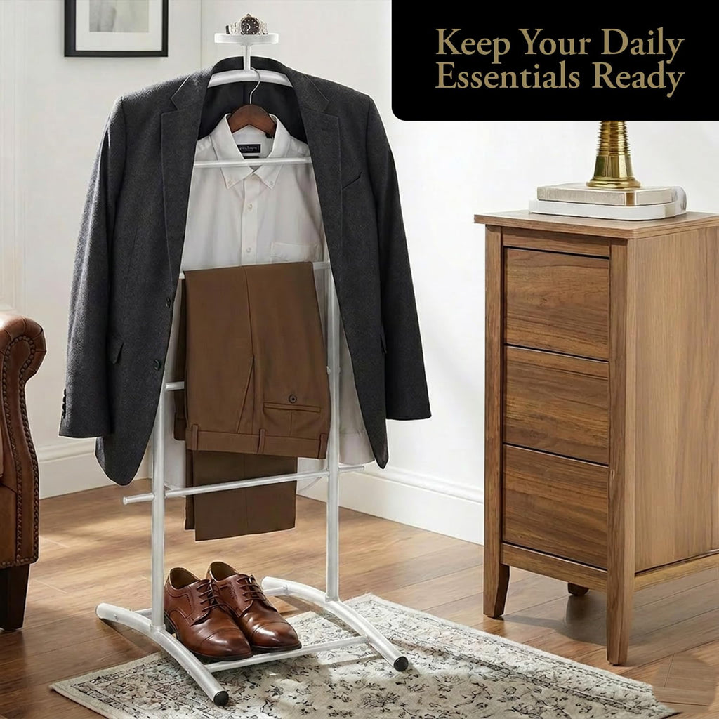 Freestanding Metal Suit Valet Stand with Tie Bar, White