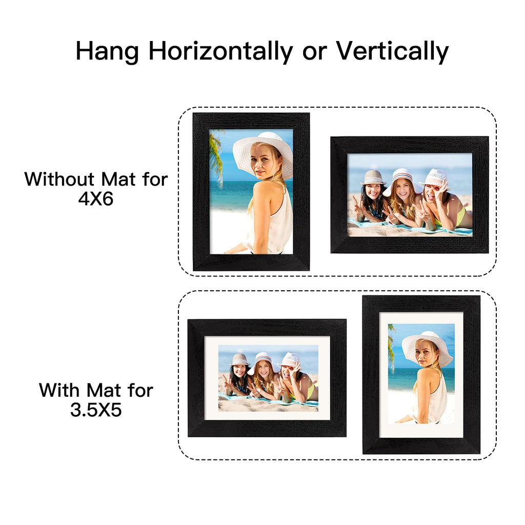 4x6 Picture Frame Black Wood Pattern Set of 4, Display Pictures 3.5x5 with Mat or 4x6 Without Mat, Horizontal and