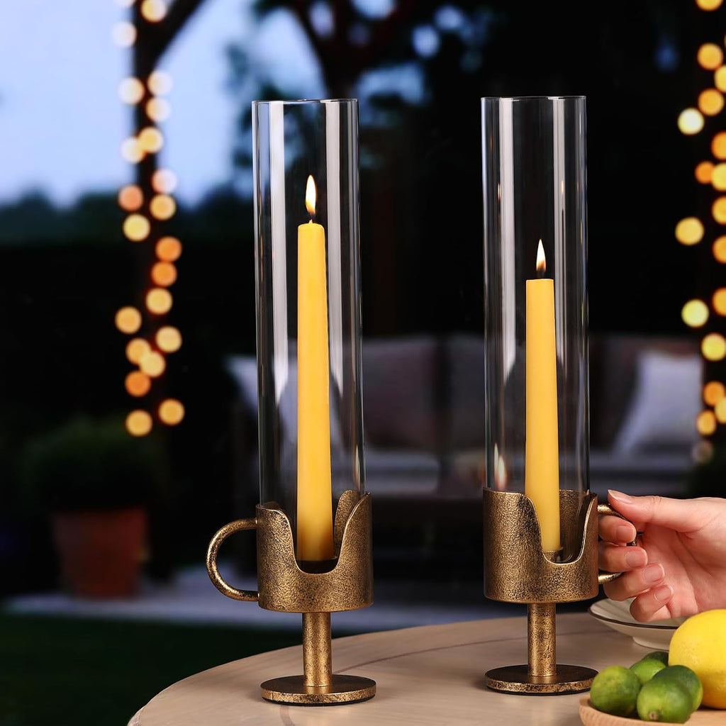 Vintage Cast Iron Hurricane Glass Candle Holder for Taper Candles Set of 2 | Handcrafted Handle Brass Candlestick