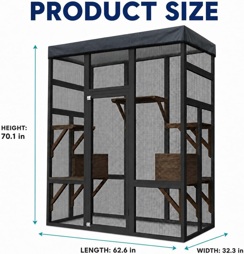 70" Outdoor Catio Cat Enclosure, Large Cat House, Wooden 5-Platform