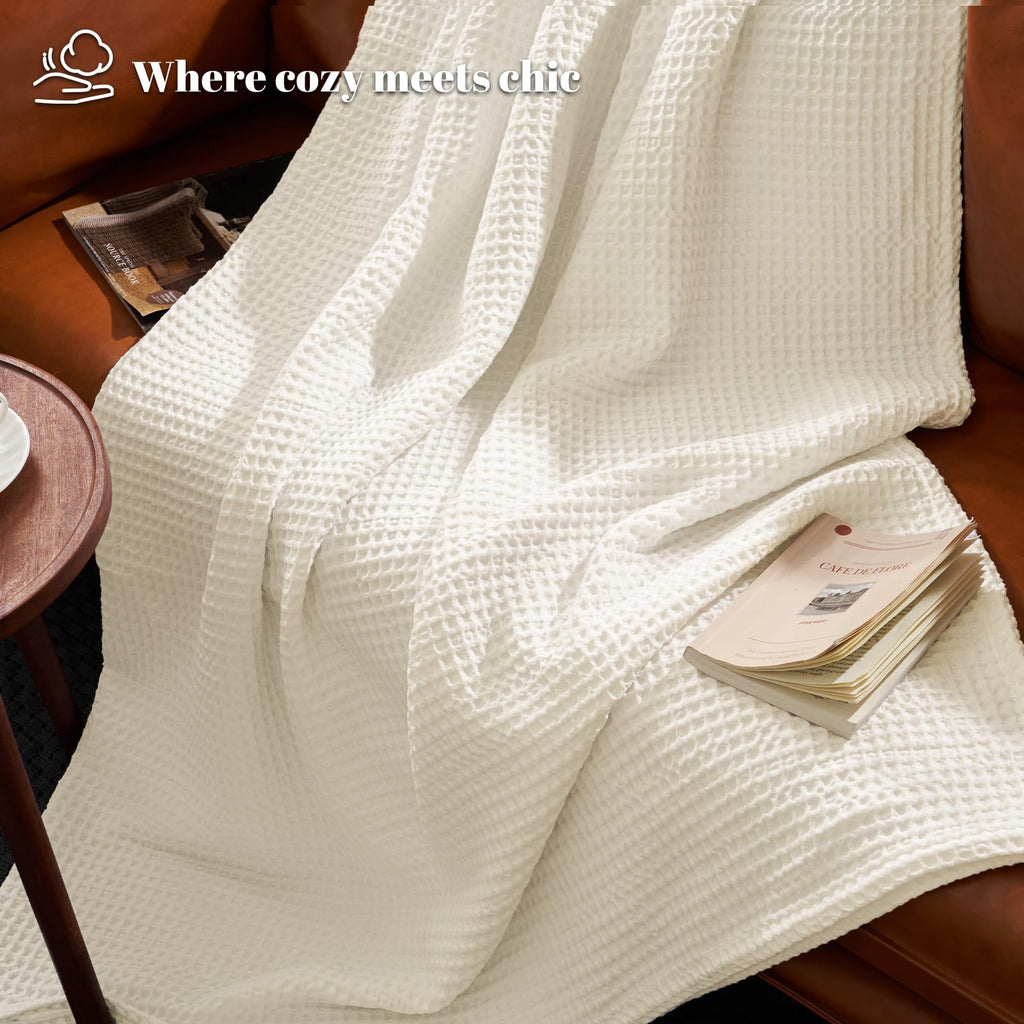 Ultra Soft Waffle Weave Blanket for Bed, Queen Size, Coconut White