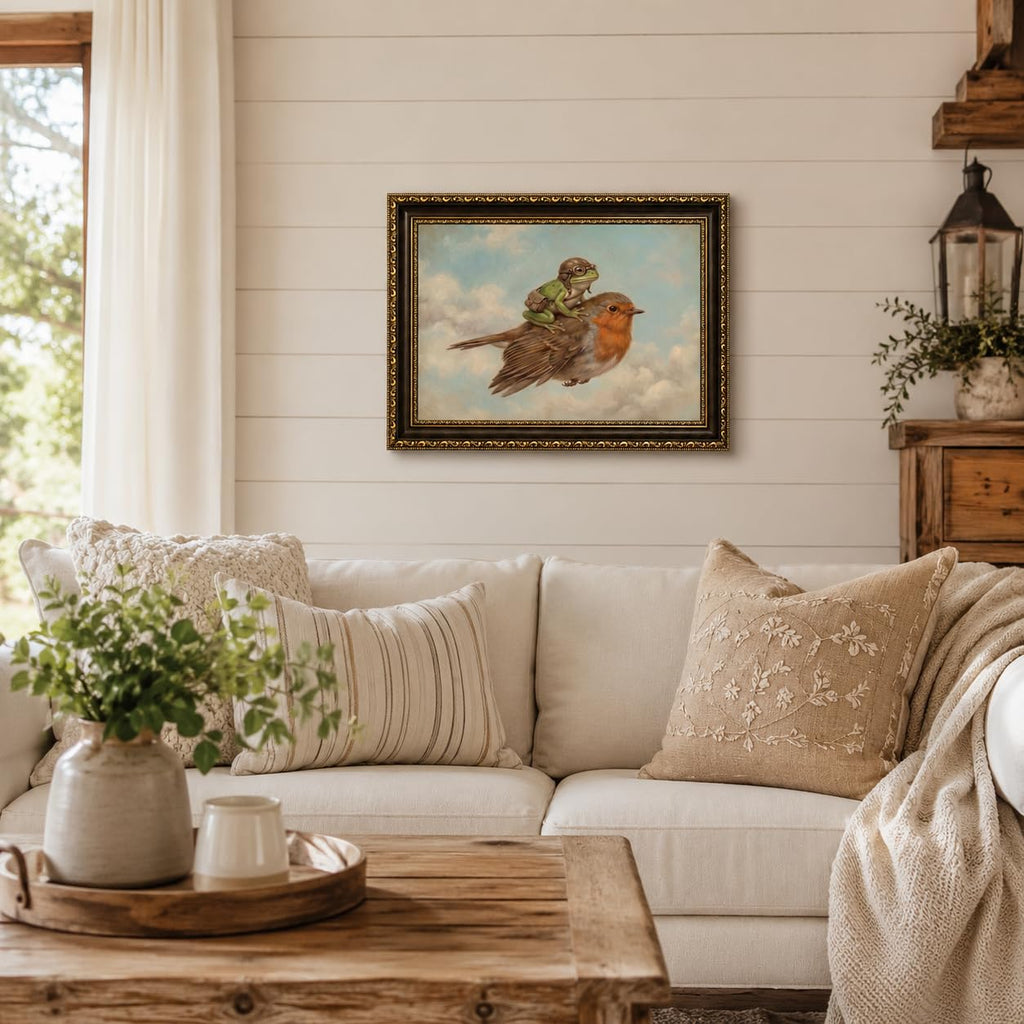 Whimsical Frog Riding Bird Framed Wall Art, Quirky Frog Print, 16x24in