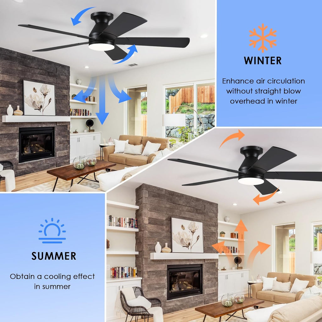 Black Ceiling Fans with Lights - 52In Flush Mount Ceiling Fan Light with Remote, 3CCT Dimmable and 6 Wind Speeds, Modern Low Profile Fan Light for Indoor Bedroom, Covered Outdoor A101-B0DTD3YZKT