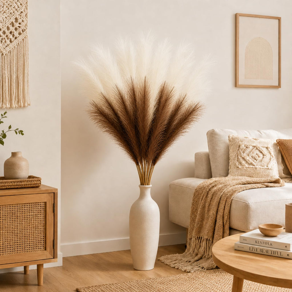Artificial Pampas Grass, 9 Pcs 45" Mixed Color Off-White & Brown