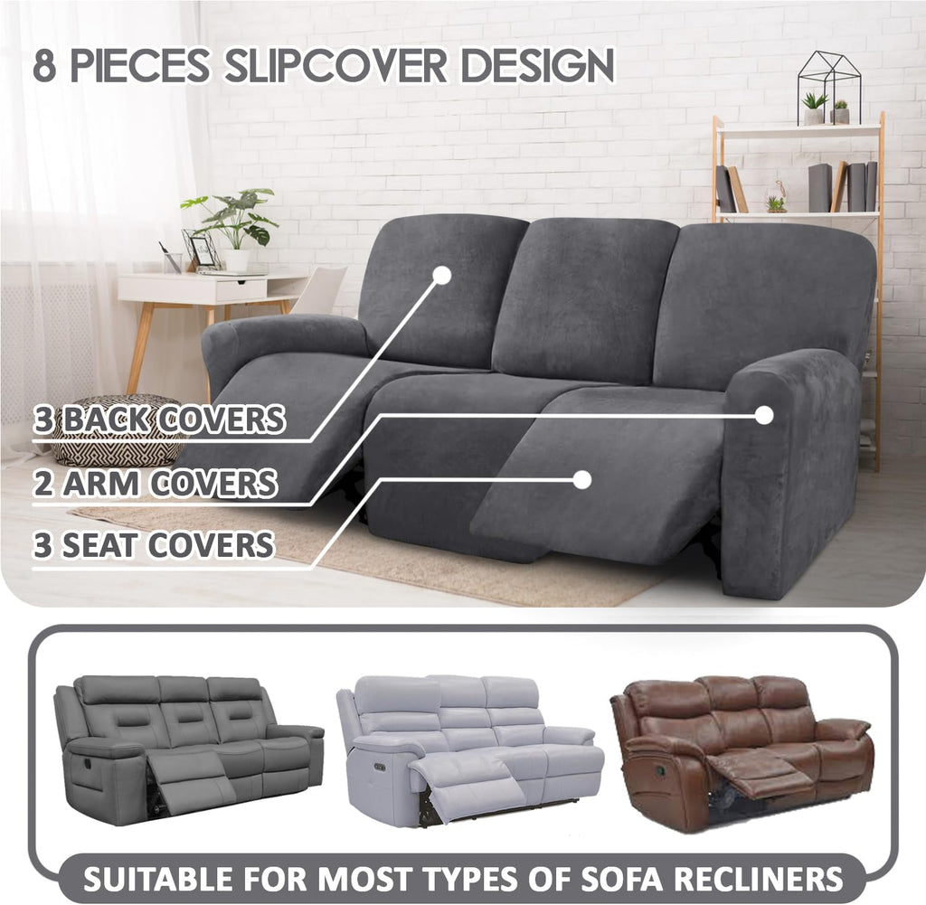 Velvet 8-Pieces Recliner Sofa Covers Stretch Reclining Couch Covers for 3 Cushion Reclining Sofa Slipcovers Furniture