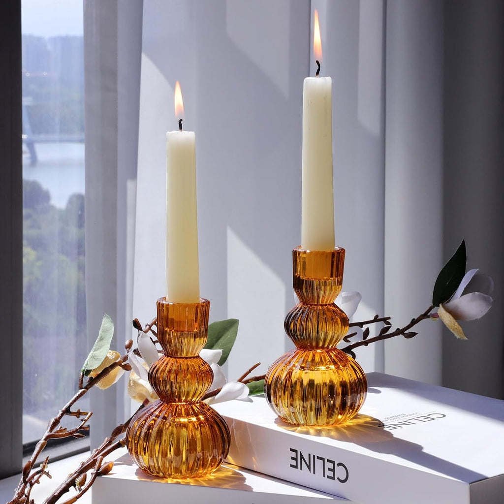 Amber Taper Candle Holders 4.3" H for Halloween/Thanksgiving Decorations Ribbed Glass Candlestick Holders - Set of 3