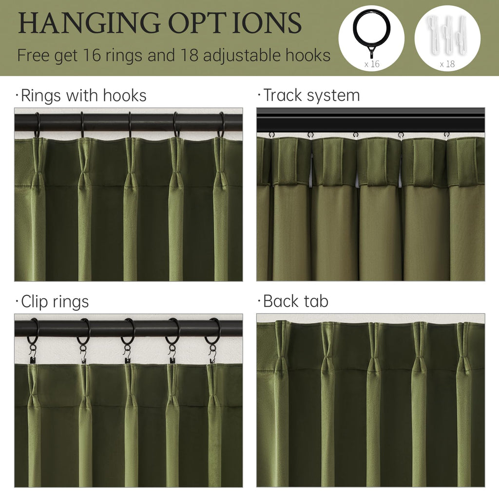 Olive Green Velvet Blackout Curtains 84 Inches 2 Panels Forest Green Elegant Vintage Pinch Pleated Drapes Bedroom