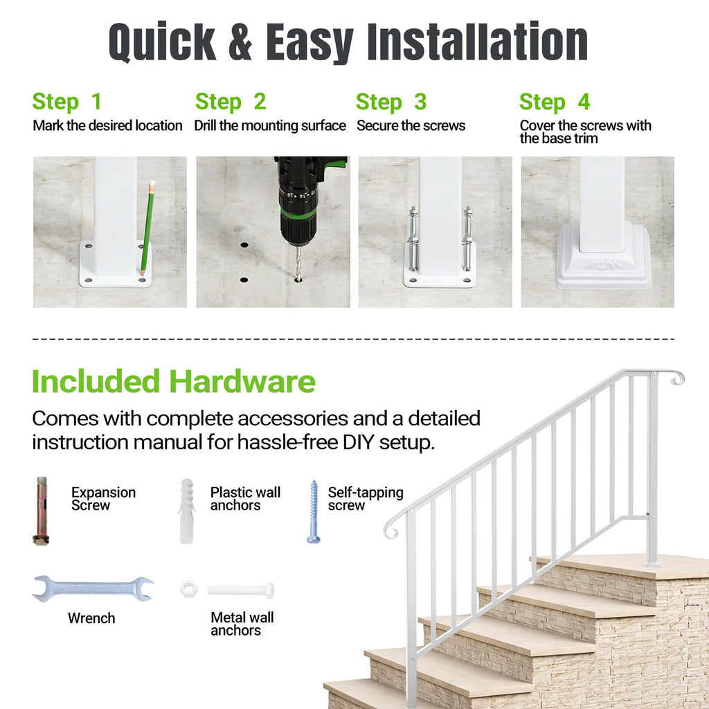 2 Pack 5 Step Handrails for Outdoor Steps, Wrought Iron Stair Railing Fits 4 or 5 Steps, Metal Hand Rail with