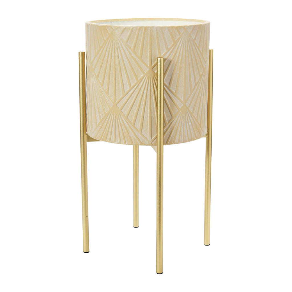 Modern Boho Embossed Metal Planters with Stands, Cream and Gold, Set of 2 Sizes