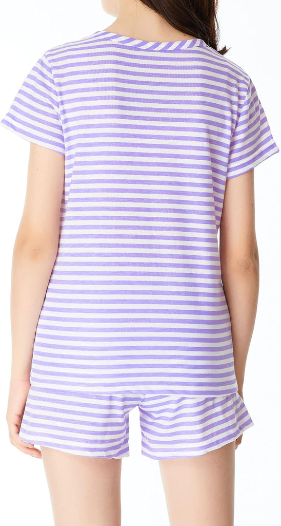 Girls Striped Soft Short Sleeve & Shorts Pajama Set