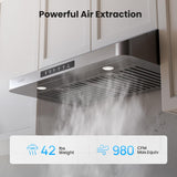 30 Inch Stainless Steel Under Cabinet Range Hood 980 CFM 3 Speed Gesture & Touch Control, LED Lights, Baffle Filters, Ducted