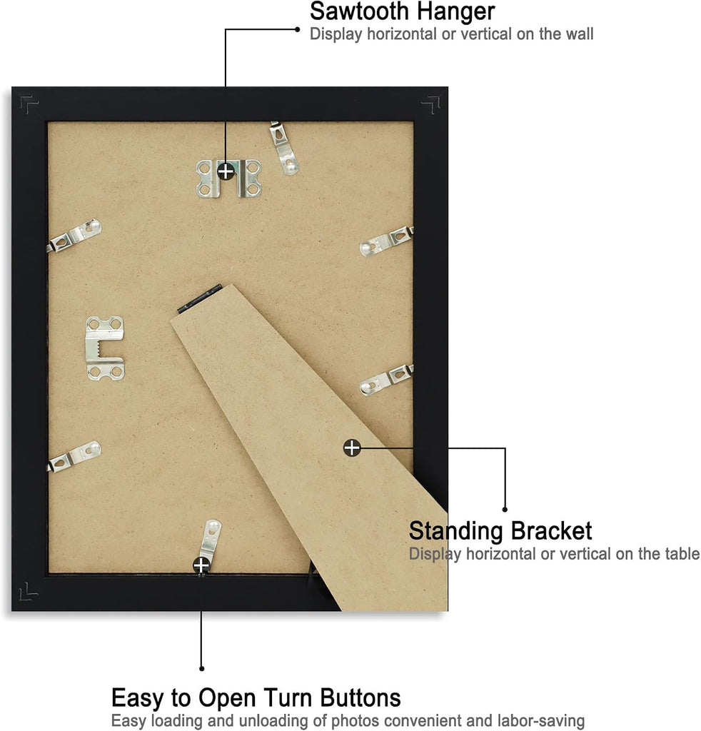 8x10 Picture Frame Set of 6, Black Frame with High Definition Real Glass, 8 x 10 Wood Photo Frames for Tabletop