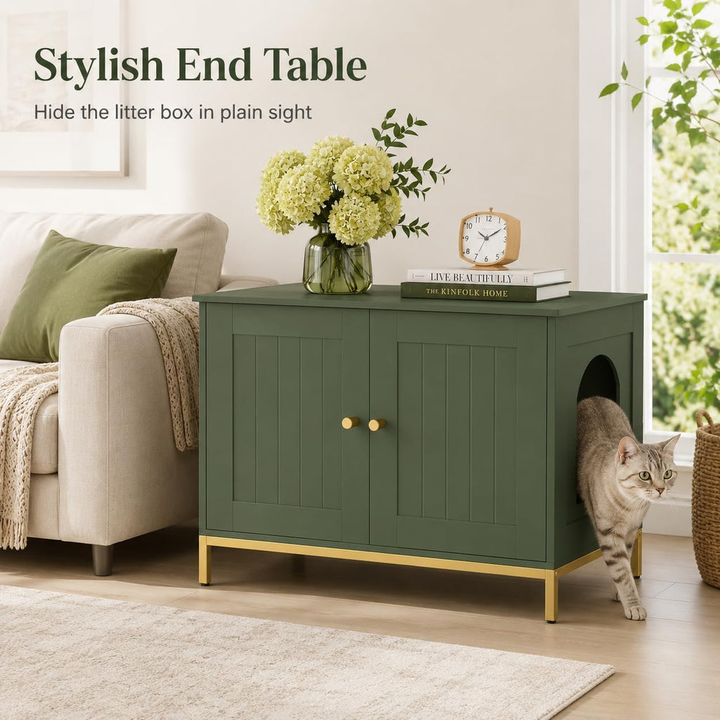 28.3" L Cat Litter Box Enclosure with Metal Frame, Green and Gold