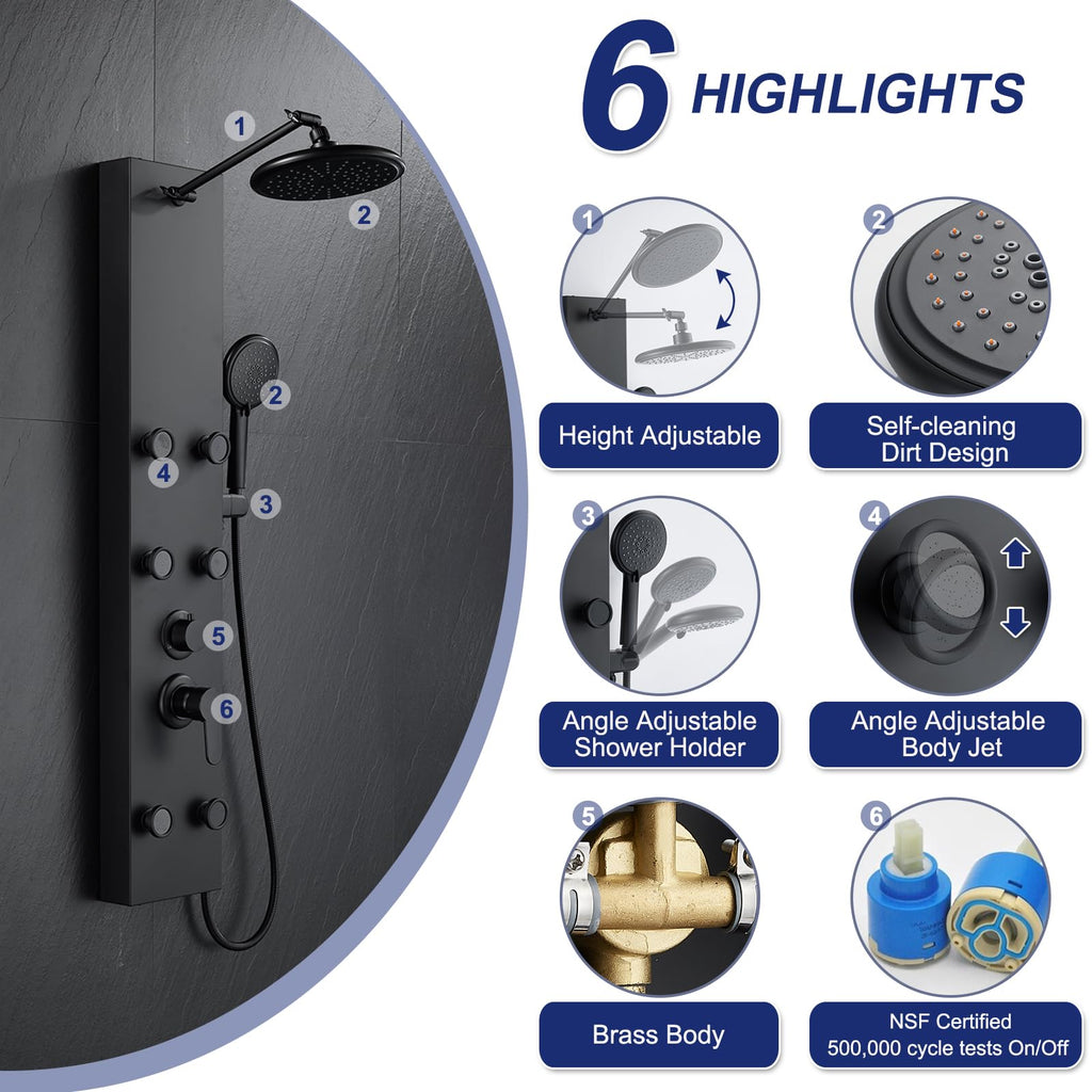 Shower Panel Tower System with Adjustable 6 Body Jets, Matte Black