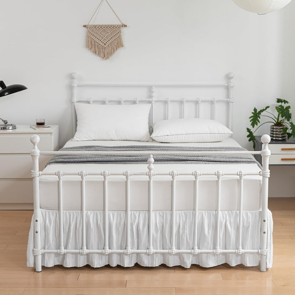Bed Skirt Queen Size, Ruffled Bed Skirts 14 Inch Drop, White | Striped Boho Tufted, with Split Corners, Easy Fit