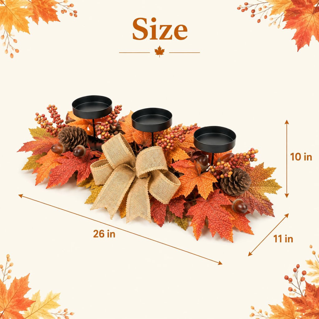 Fall Candle Holder Centerpiece with Maple Leaves, Pinecones, Berries & Burlap Bow,Thanksgiving Table Centerpiece