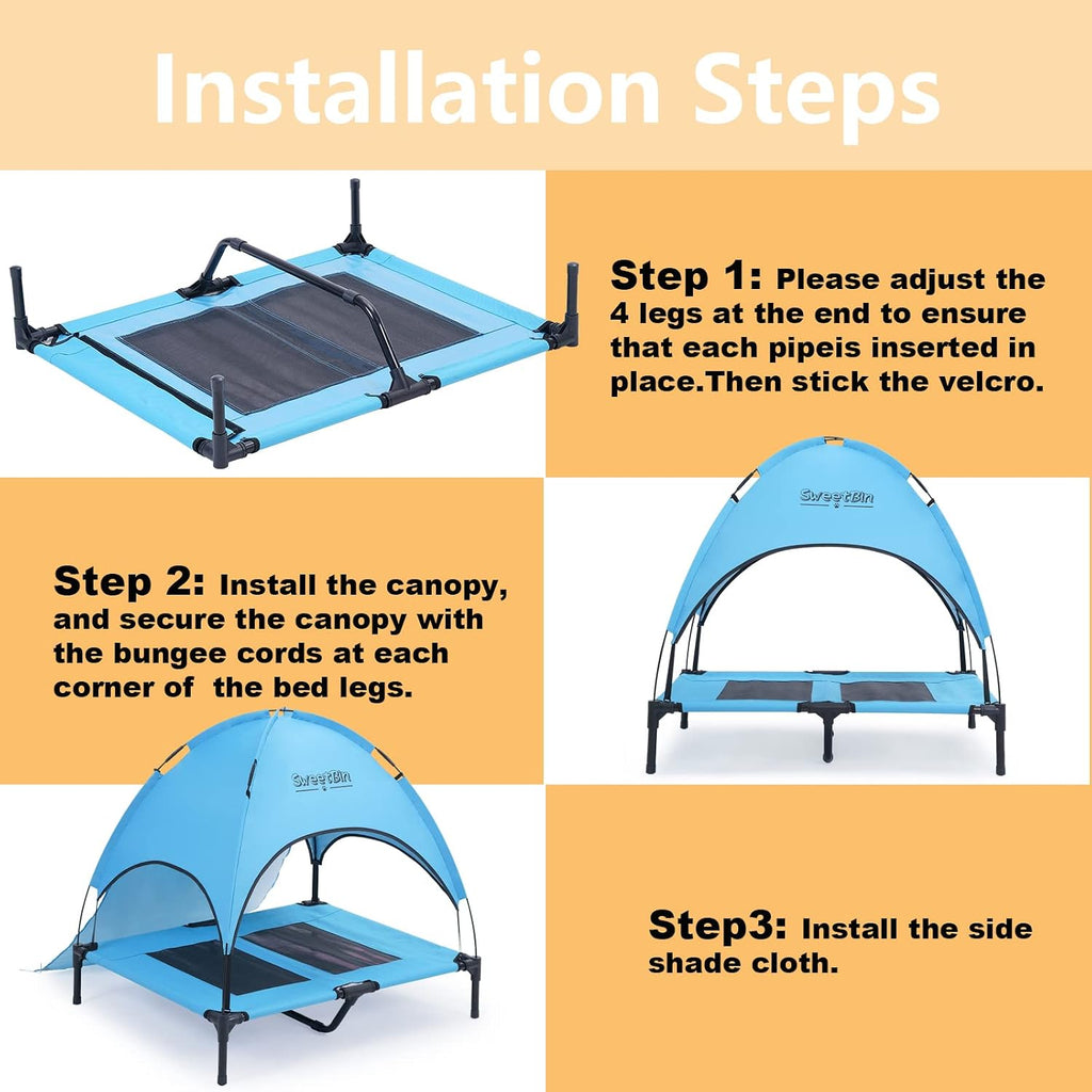 Outdoor Dog Bed with Canopy & Side Shade, Blue (Dogs Under 80 lbs)
