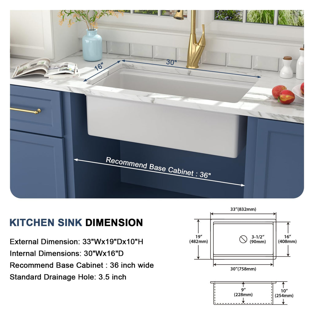 33 Inch White Kitchen Sink Fireclay Porcelain Ceramic Undermount Sinks Single Bowl Rectangular Basin Workstation with