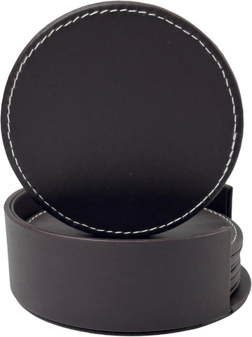 PU Leather Black Bar Drink Coasters with Non-Slip Design - Set of 6