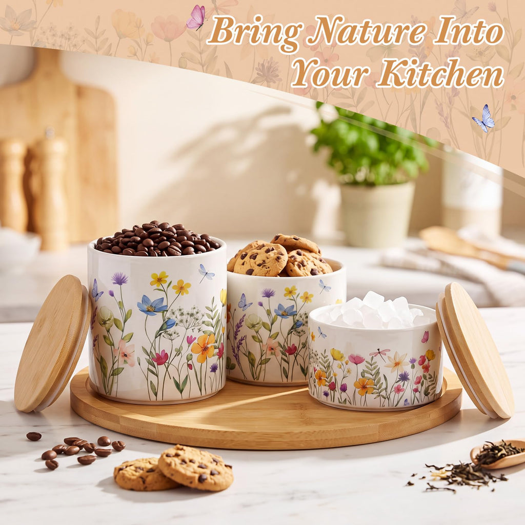 Floral Ceramic Canisters Set with Wooden Airtight Lids, Set of 3