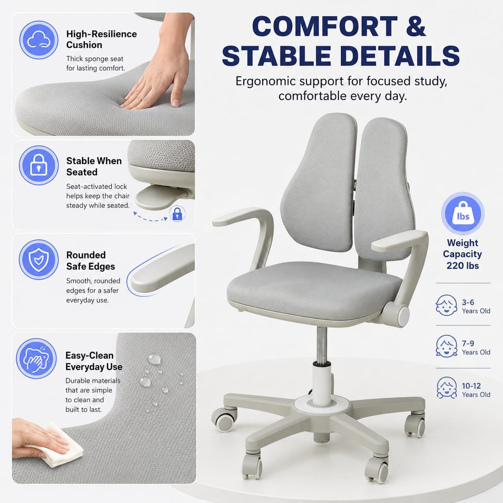 Ergonomic Kids Study Desk Chair with Lumbar Support, Adjustable Height, Adjustable Backrest, Flip-Up Armrests Bedroom