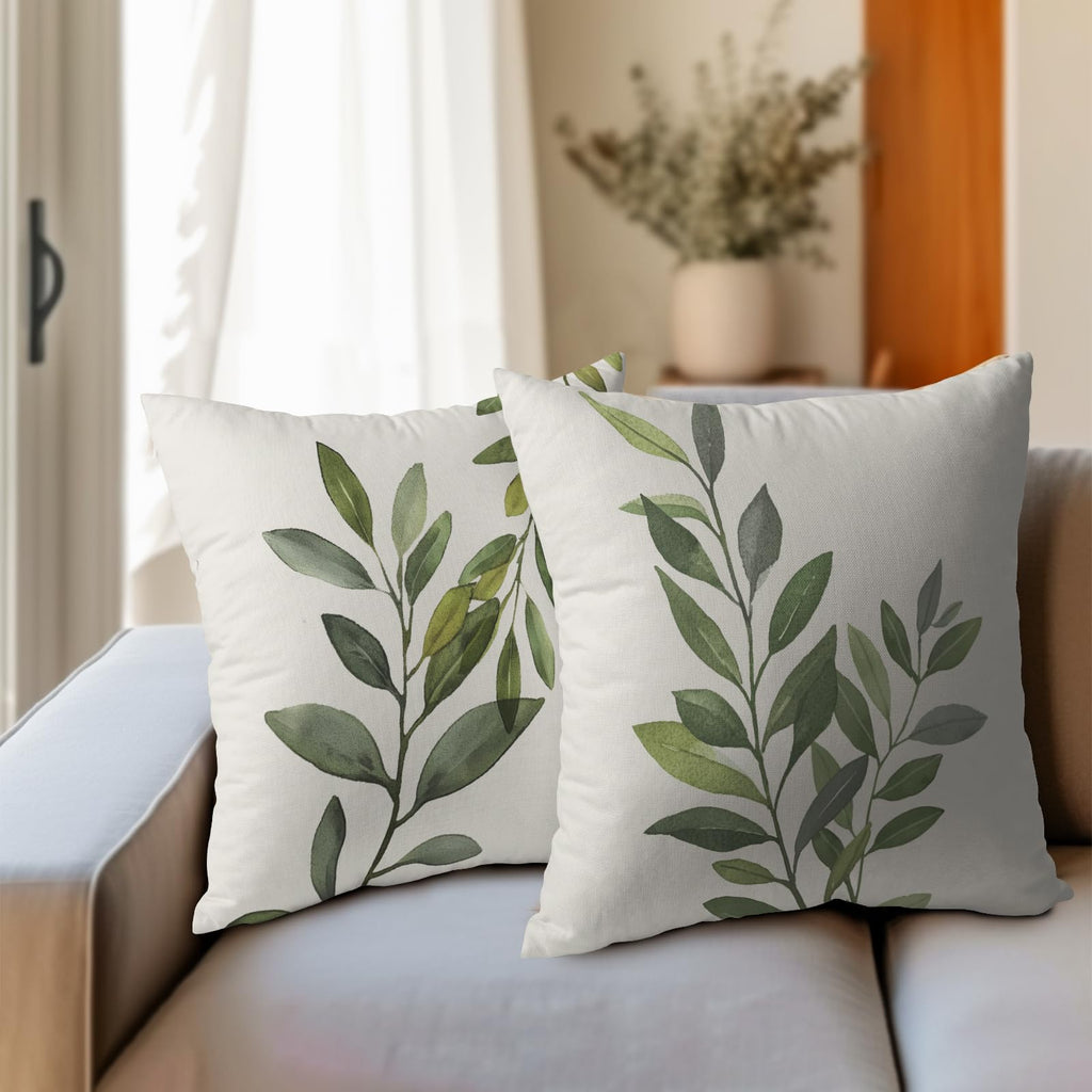 Olive Leaves Throw Pillow Covers 22x22 Inch Rustic Green Leaf Grey Square Pillowcases Cotton Linen Cushion Cover for