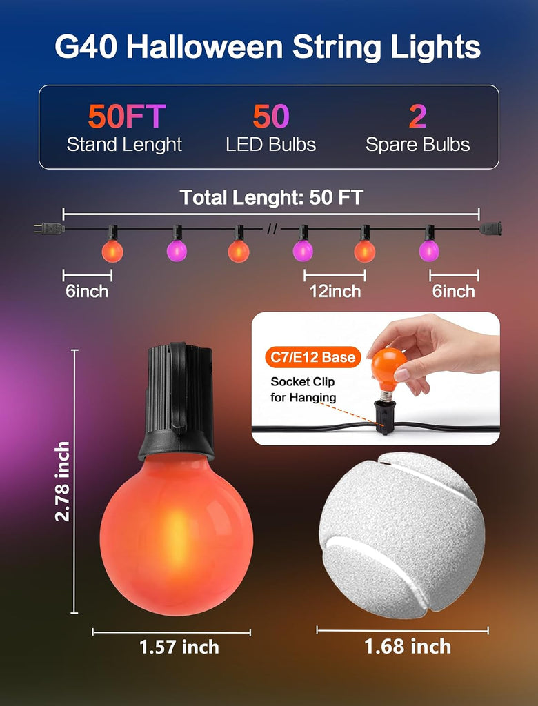 50FT Purple and Orange Christmas Lights, Opaque 50 LED Count Christmas LED String Lights, Indoor Decoration Lights