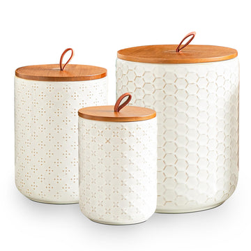 White Embossed Ceramic Canister 3 Piece with Airtight Bamboo Lid