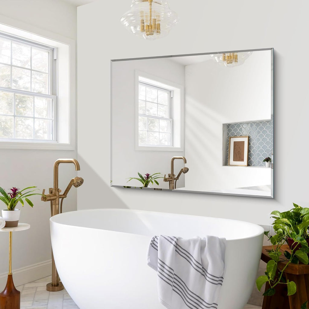 Beveled Bathroom Mirror, 40x48 Large Frameless Vanity Mirror for Over Sink, 3mm Tempered Glass Beveled Wall Mirror