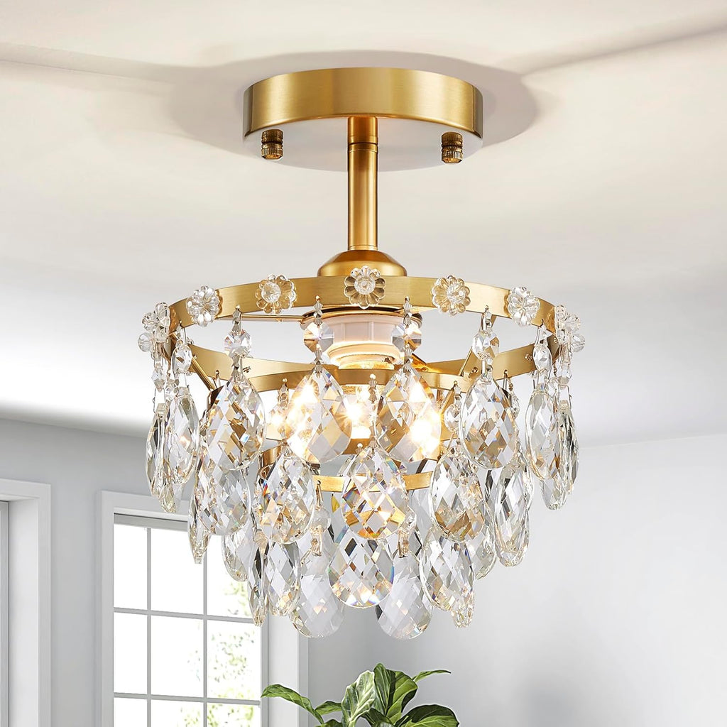 Gold Crystal Chandelier for Bedroom, Small Flush Mount Ceiling Lighting Fixture, Modern Close to Ceiling Chandelier for Foyer, Closet, W8xL8XH11 A100-B0DQL7LWBP