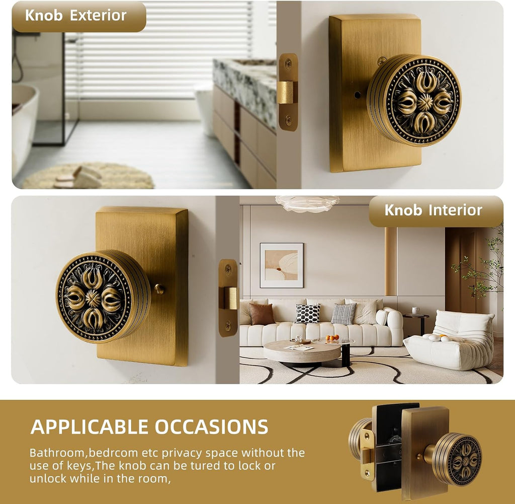 Antique Brass Vintage Floral Privacy Door Knob - Vintage Design Solid Brass Decorative Handle, Secure and Durable