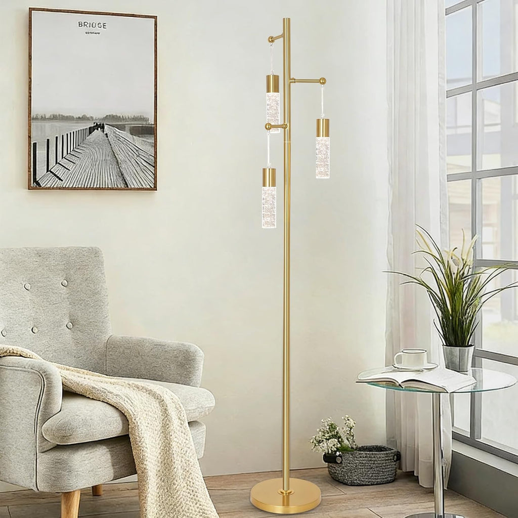 Gold Floor Lamps, Modern Brass Standing Lamp with Bubble Crystal Shades, 3 Built-in LED Lights, ON/Off Foot Switch