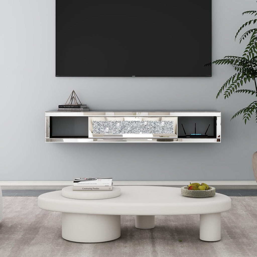 Mirrored Floating, 47 1/2" Wall Mounted Floating TV Shelf with Crushed Diamonds, Glass Floating Entertainment Center