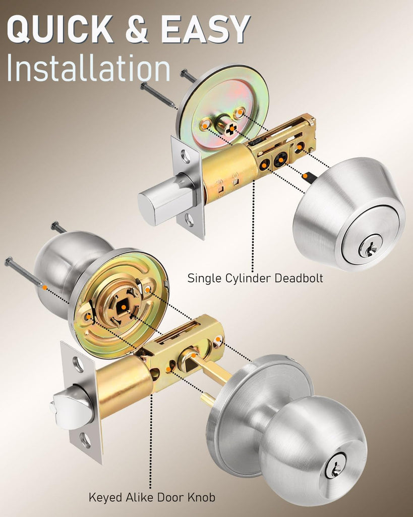 3 Pack Keyed Entry Door Knob and Single Cylinder Deadbolt Combination Set in Satin Nickel, Exterior Door Knob with