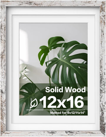 12x16 Picture Frame Rustic White Covered by Plexiglass Made of Solid Wood, Display Pictures 9x12 and 11x14 with Mat