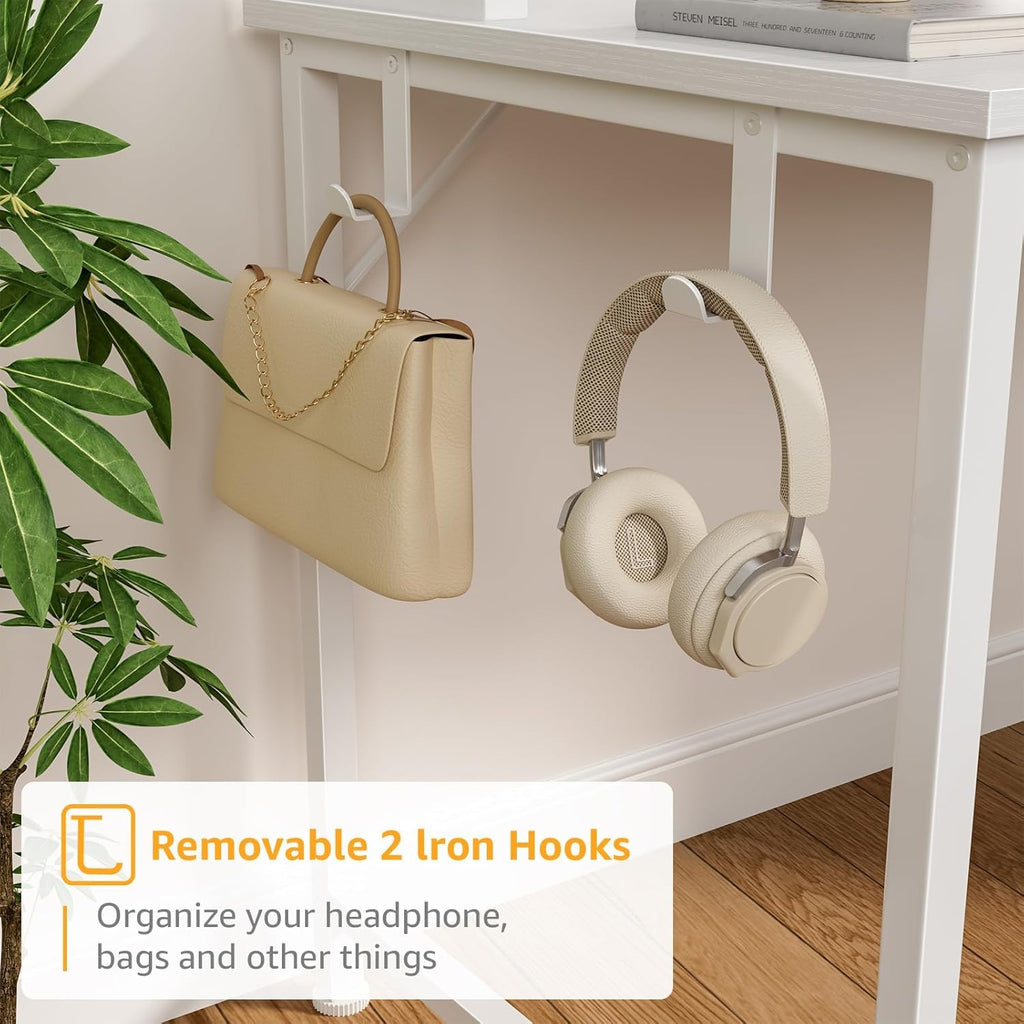 White Computer Desk with Hutch & Drawers - Office Desk with 3 Storage Drawers and Power Outlets