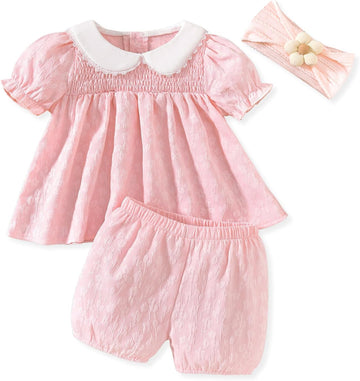 Baby Girl Summer Outfits Smocked Tops Shorts Set With Headband