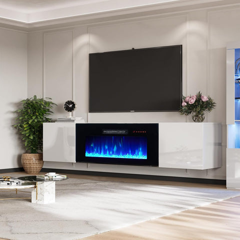 Floating Wall-Mounted Fireplace TV Stand with 40 Inch Electric Fireplace, Mirrored Entertainment Center, Modern LED Lighting for TVs up to 90 Inches, White