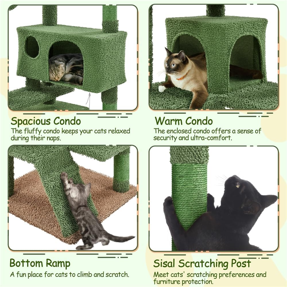 Cactus Cat Tree for Indoor Cats, Green Multi-Level Tower