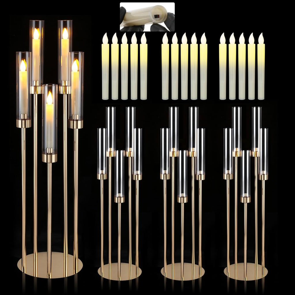 Gold Candelabra 4 Set 34.6'' Tall Candelabras Centerpieces for Tables, 5 Arm Candle Holders Centerpiece with Acrylic