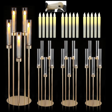 Gold Candelabra 4 Set 34.6'' Tall Candelabras Centerpieces for Tables, 5 Arm Candle Holders Centerpiece with Acrylic