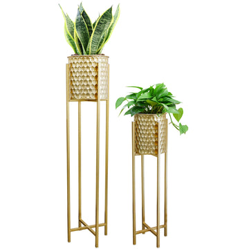 Set of 2 Planters with Stand Indoor Outdoor Metal Gold Planters for Indoor Plants 30 &40" Tall Morden Planters Flower