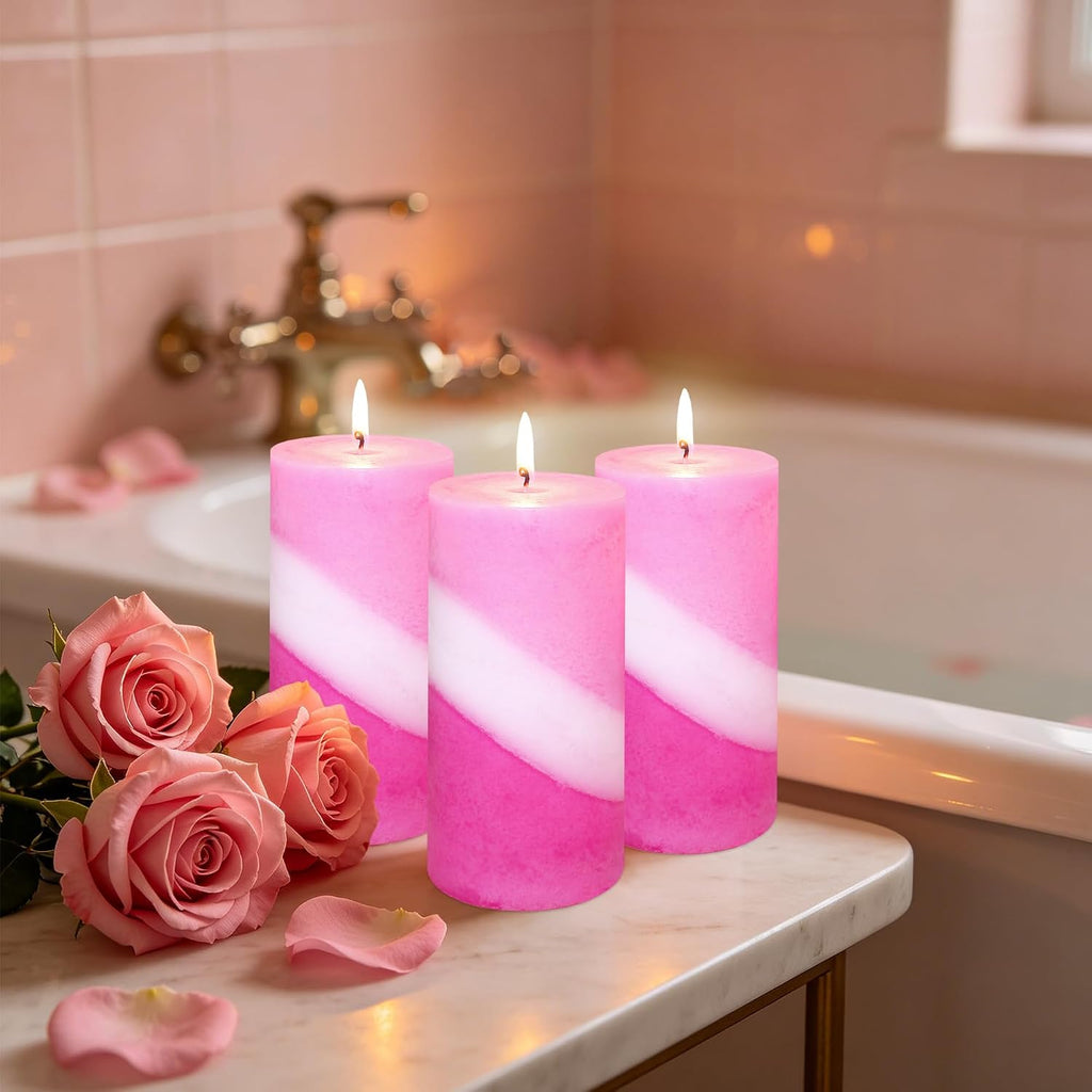 Pillar Candles Rose Scented Pink Spiral Aromatherapy Candles 70+ Hours Burn Long Lasting, Mottled Layered Candles