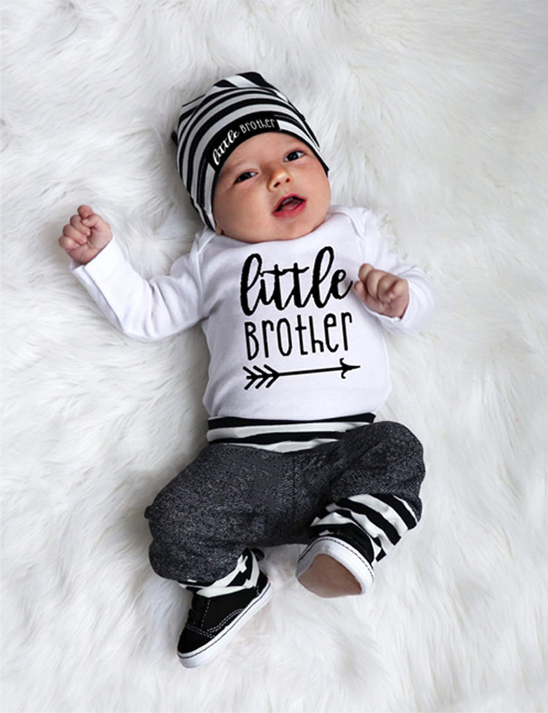 Baby Boy Clothes Little Brother Newborn outfit Long Sleeve Romper+Long Pants+Stripe Hat 3PCS Baby Boy