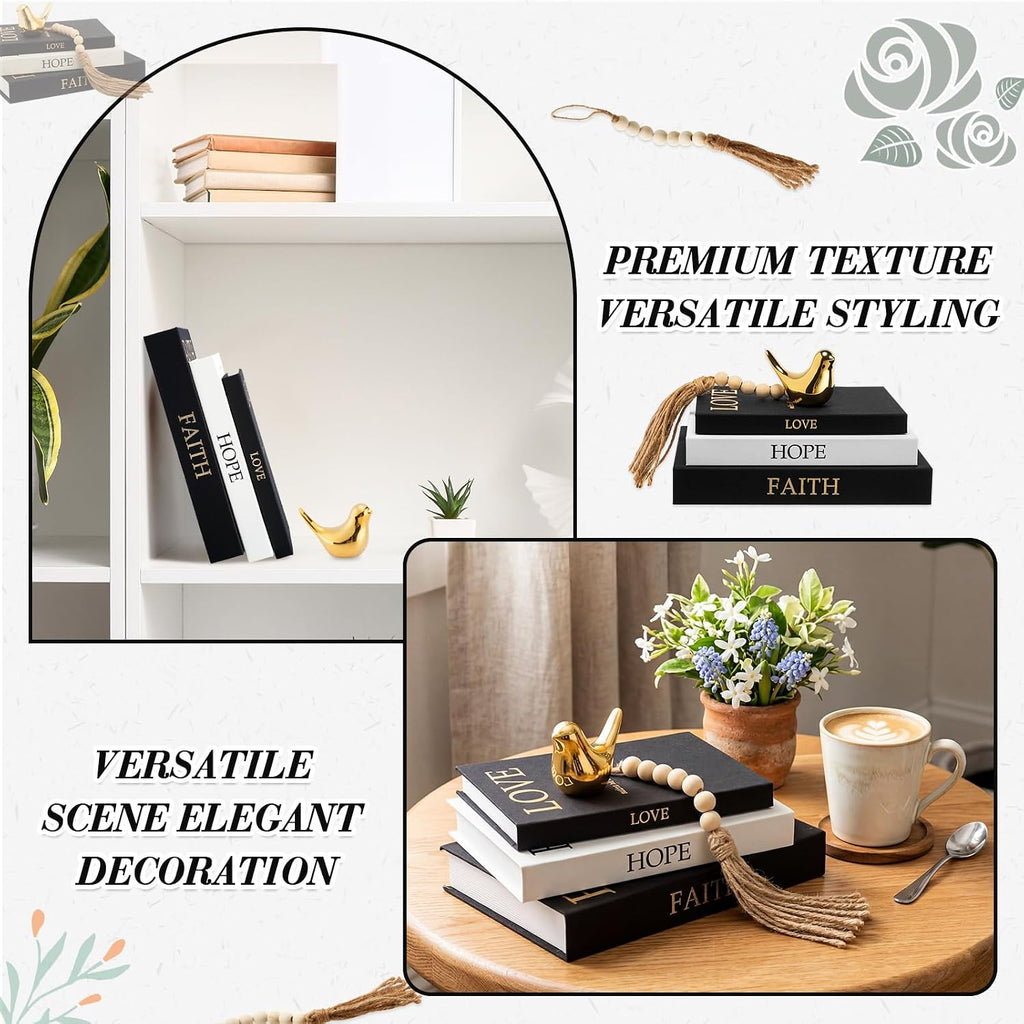 Linen Decorative Books Set Includes Gold Bird and Wooden Beaded Tassel Elegant Aesthetic Fake Books - Set of 3