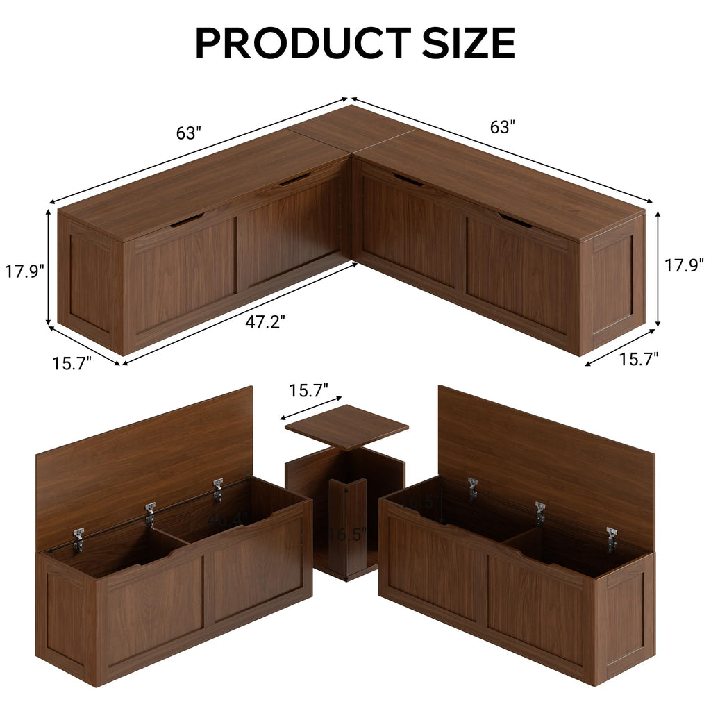 L Shaped Bench with Storage, 63" Breakfast Nook Benches, Wood Kitchen Corner Dining Bench Seating, Walnut Brown